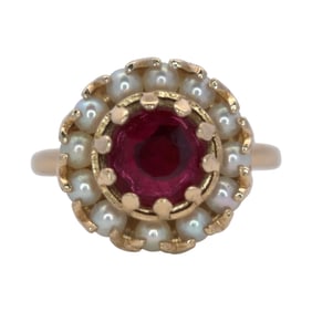 14K Yellow Gold Lab Grown Ruby and Pearl Ring