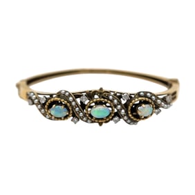 14K Yellow Gold Hinged Bangle Bracelet with Opal, Diamonds, and Seed Pearls