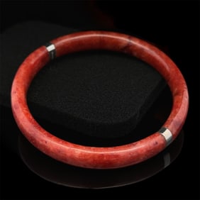 Dark Red Jade Bangle Bracelet with Sterling Silver Accents