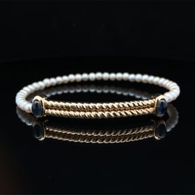 18K Yellow Gold Adjustable Bangle Bracelet with Pearl and Cabochon Sapphire
