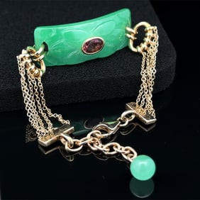 Green Jade and Pink Tourmaline Bracelet, 14K Gold