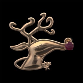Rudolph Reindeer Pin in 10K Yellow Gold With Ruby Earring