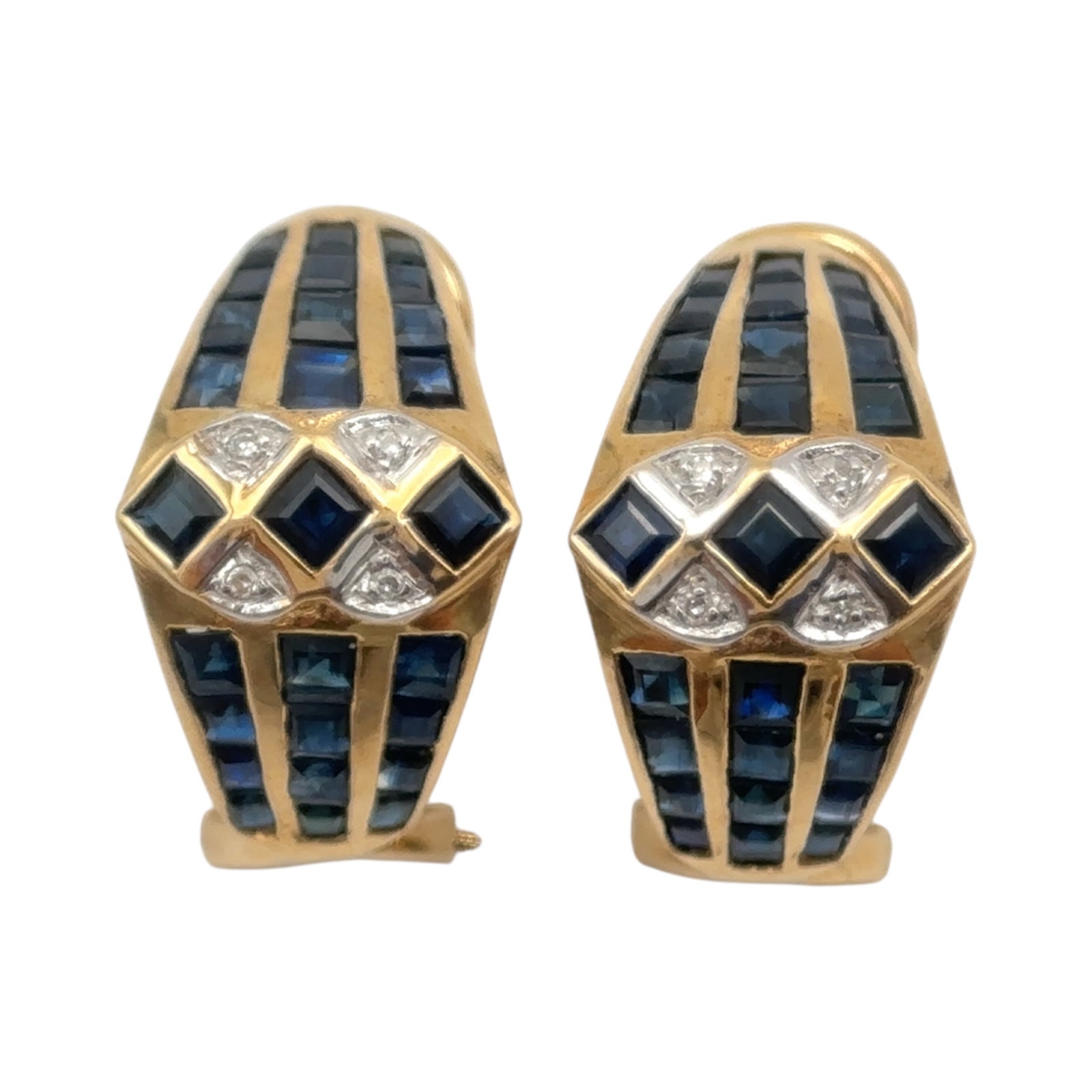 Sapphire and Diamond French Back Earrings in 14K Yellow Gold: Metal type: 14k yellow gold, Gemstones: Sapphire and diamond, Design: French back earrings, Measurement: 0.75" Length, Weight: 5.2 grams