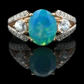 Peacock Quartz, CZ and Diamond Ring in 10K Yellow Gold