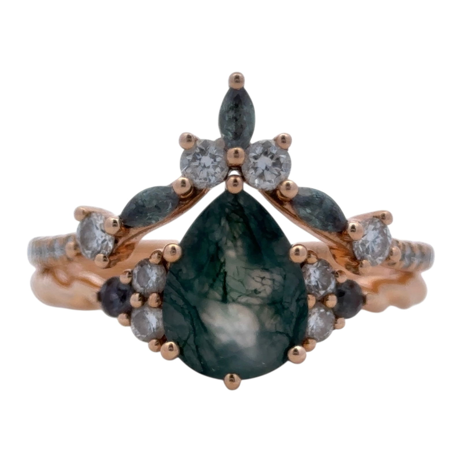 Moss Agate and Diamond Wedding Set Ring in 18K Rose Gold (1 of 5)