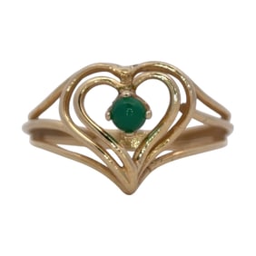 14K Yellow Gold Heart Ring with Green Stone