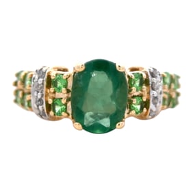 Lab-Grown Emerald, Diamond and Tsavorite Ring in 14K Yellow Gold