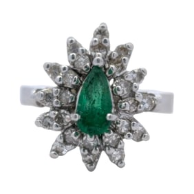 14K White Gold Cocktail Ring with Emerald and Diamond