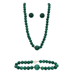 Set of Malachite Earrings, Bracelet and Necklace in 14K Yellow Gold