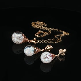 Circa 1960s Floating Opal Dangle Earrings and Necklace in 14K Yellow Gold