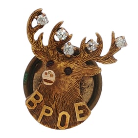 Circa 1950s10K and Gold Tone BPOE Elks Lodge with Diamond and Ruby Brooch/Pin