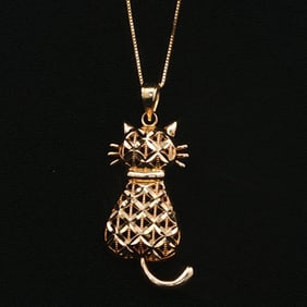 Cat Pendant and Box Chain Necklace in 14K Yellow Gold