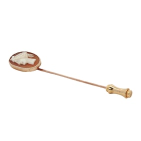 Antique Shell Cameo Stick Pin in 10K and Golden Tone
