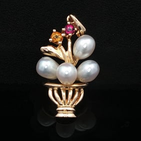 Garnet, Citrine and Natural Pearl Flower Basket Pendant in 14K Yellow Gold