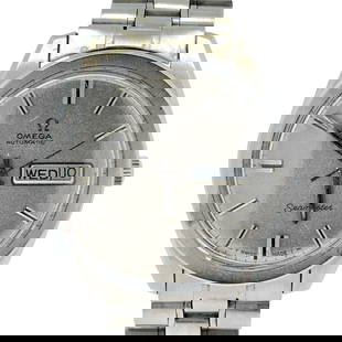 Omega Seamaster Silver Dial Wrist Watch: Omega Seamaster stainless steel wrist watch, day-date function, 36mm case, automatic movement, may need repair. Sold as is.