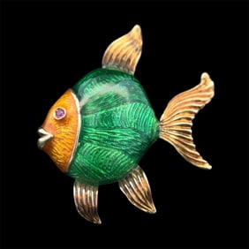 18K Gold Green Enamel Fish Brooch