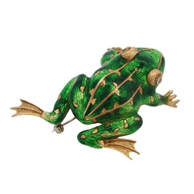 Italian 18K Yellow Gold Frog Brooch with Enamel and Diamond