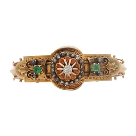 Antique Diamond and Emerald Bangle Bracelet in 14K Yellow Gold