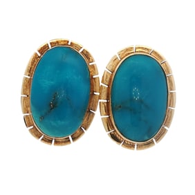 Circa 1960s Retro Oval Turquoise Earrings in 14K Yellow Gold