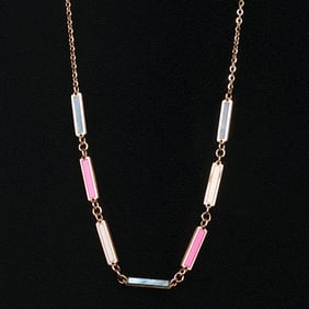 Mother of Pearl and Pink Enamel Station Chain in 14K Yellow Gold