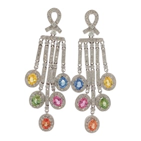 Diamond and Multicolor Oval Sapphire Dangle Earrings in 18K White Gold