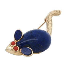 Lapis Lazuli and Coral Mouse Brooch in 14K Yellow Gold