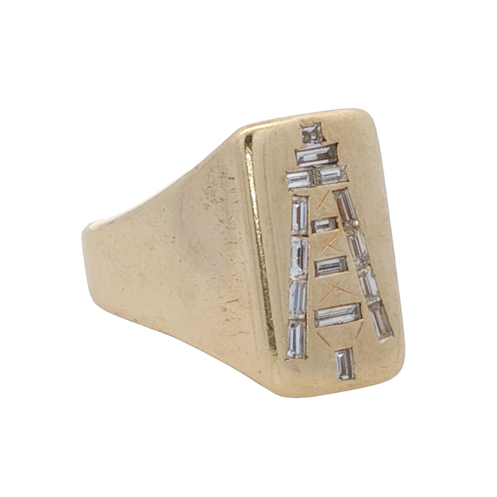 Vintage 14K Yellow Gold Unique Tower Ring with Baguette Diamond (1 of 5)