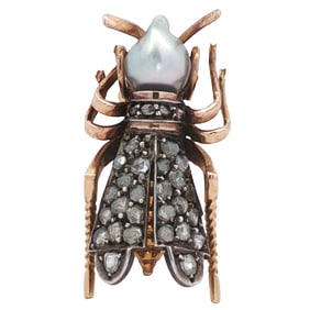 Vintage 14k Yellow Gold Bug Brooch with Pearl and Diamond