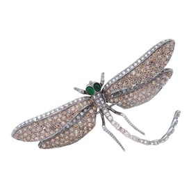 18K Oxidized White Gold Dragonfly Brooch with Brown Colorless Diamond and Green Stones