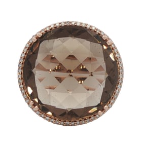 Large Smoky Quartz with Accent diamond ring in 18K Rose Gold