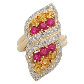 18K Yellow Gold Cocktail Ring with Diamond, Yellow Sapphire and Ruby