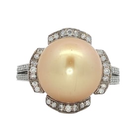 South Sea Champagne Pearl and Accent Diamond Cocktail Ring in Platinum