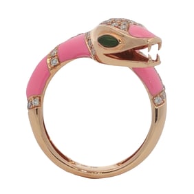 Diamond, Green Stone and Pink Enamel Serpent Ring in 18K Yellow Gold