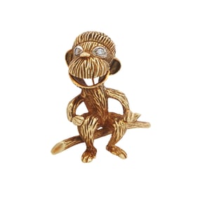 Vintage Diamond Monkey Brooch in 18K Yellow Gold