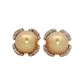 Champagne South Sea Pearl and Diamond Stud Earrings in 14K White Gold and 18K Yellow Gold