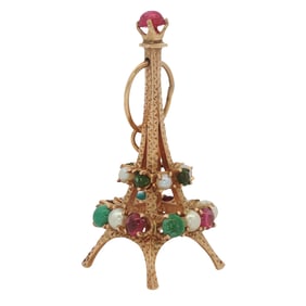 14K Yellow Gold Eiffel Tower Pendant with Pearls, Tourmaline and Turquoise