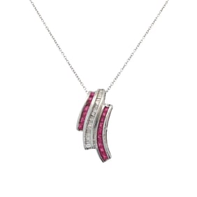 10K White Gold Pendant with Ruby and Diamond and Chain in 14K White Gold