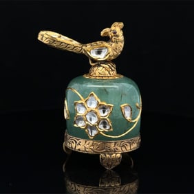 Indian Mughal Style Carved Emerald Screw Top Bottle with Bird in 18K Gold