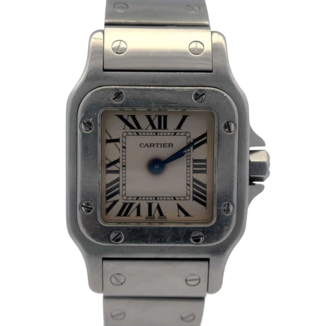 Cartier Santos Galbee Stainless Steel White Dial Women's Quartz Watch: Cartier Santos Galbee stainless-steel, white dial women's quartz watch, missing crown stone, runs, Case size: 25 mm including crown, Fits: 6.0-6.25" wrist, Weight: 58.5 grams, Sold as is