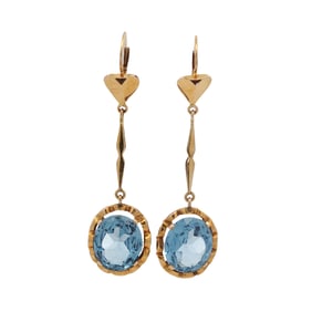 Circa 1950s Blue Topaz Dangle Earrings in 14K Yellow Gold
