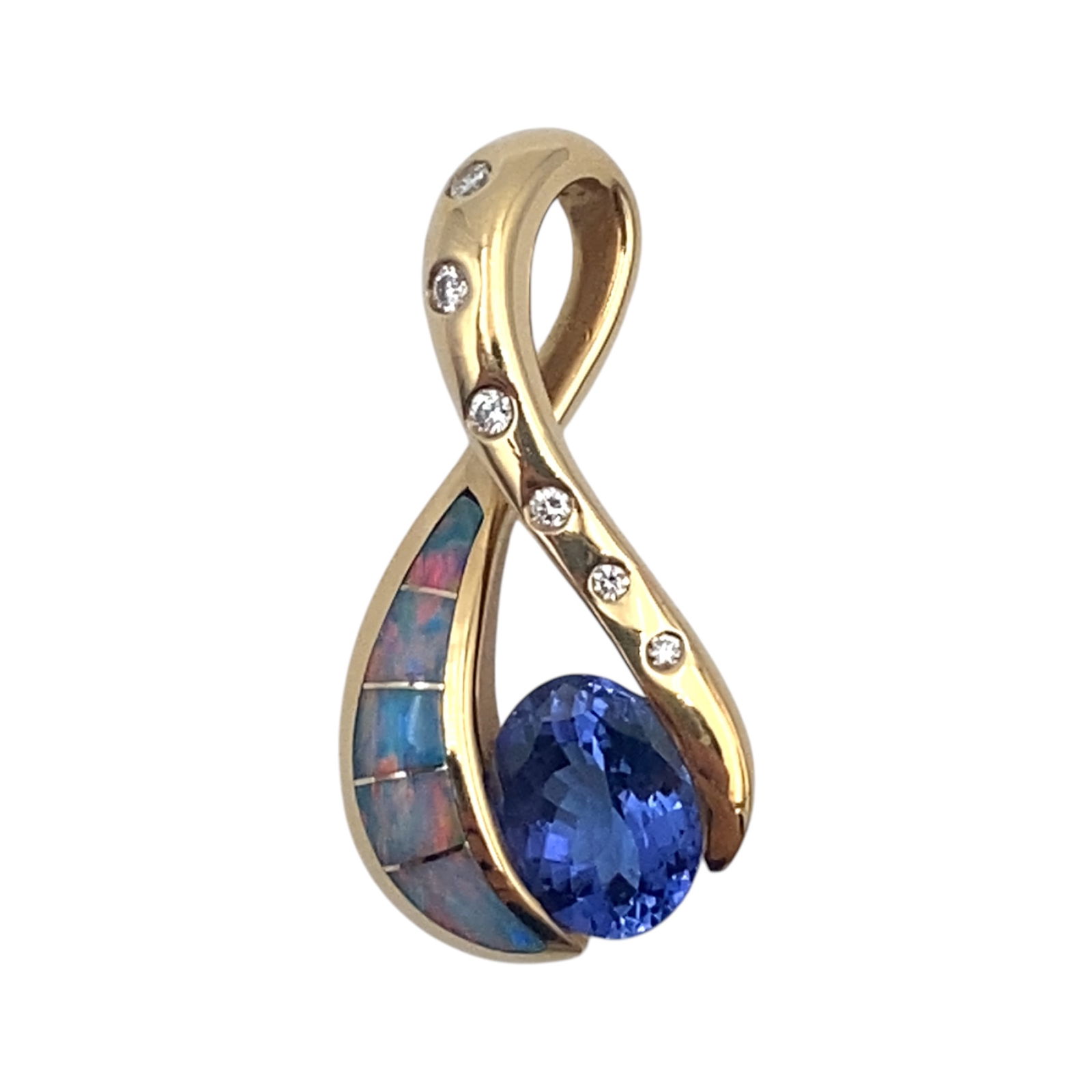 Kabana Designer 14K Yellow Gold Opal, Tanzanite, and Diamond Pendant: Designer: Kabana, Metal type: 14k yellow gold, Gemstones: Opal, approximately 1.60 carats tanzanite and .10 carat total weight VS1 G round diamond, Measurement: 1.4 cm x 2.8 cm, Weight: 5.5 grams