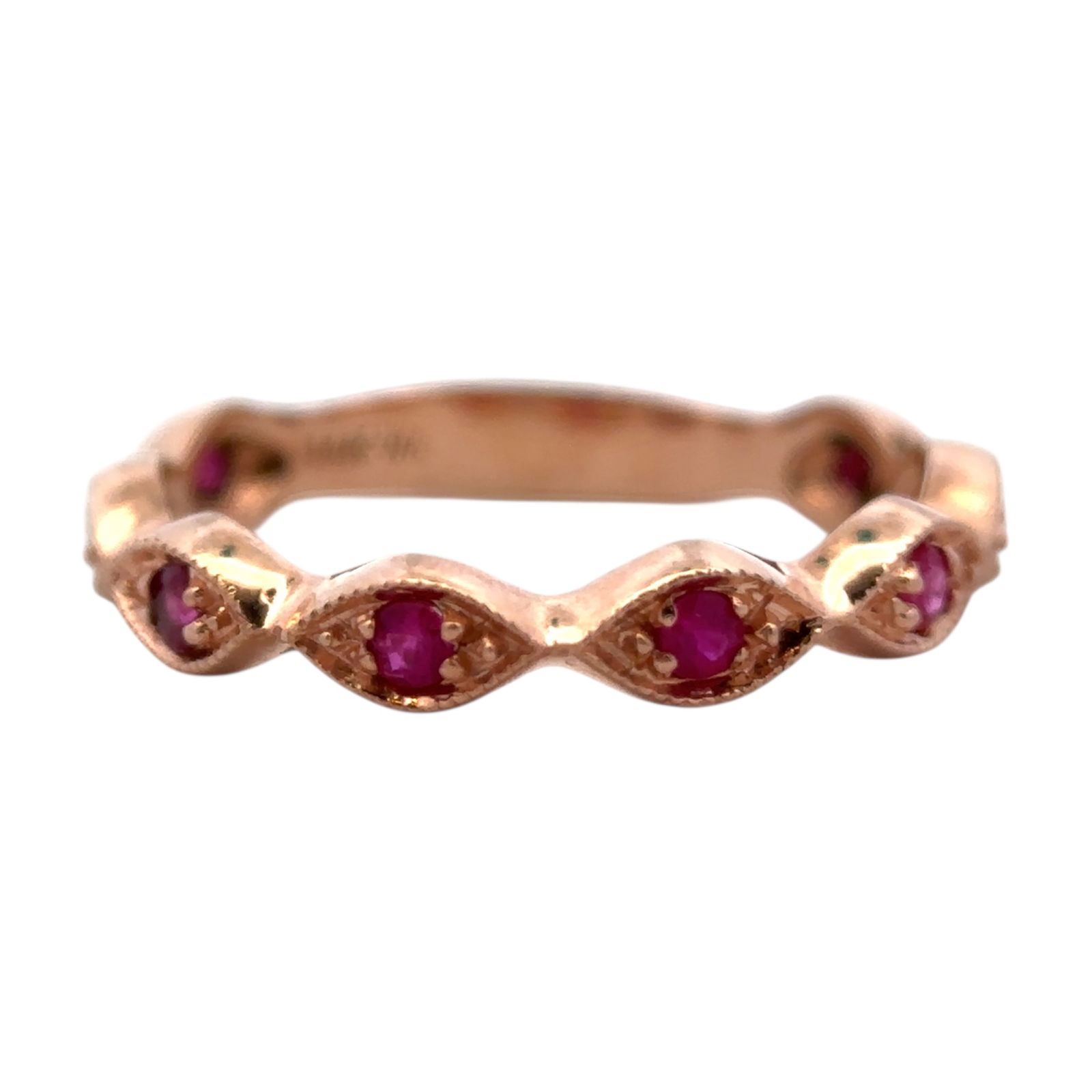 14K Rose Gold Ruby Stackable Band: Metal type: 14k rose gold, Gemstone: ruby - 3 mm diameter, Design: Stackable band, Size: 9, Weight: 3 grams