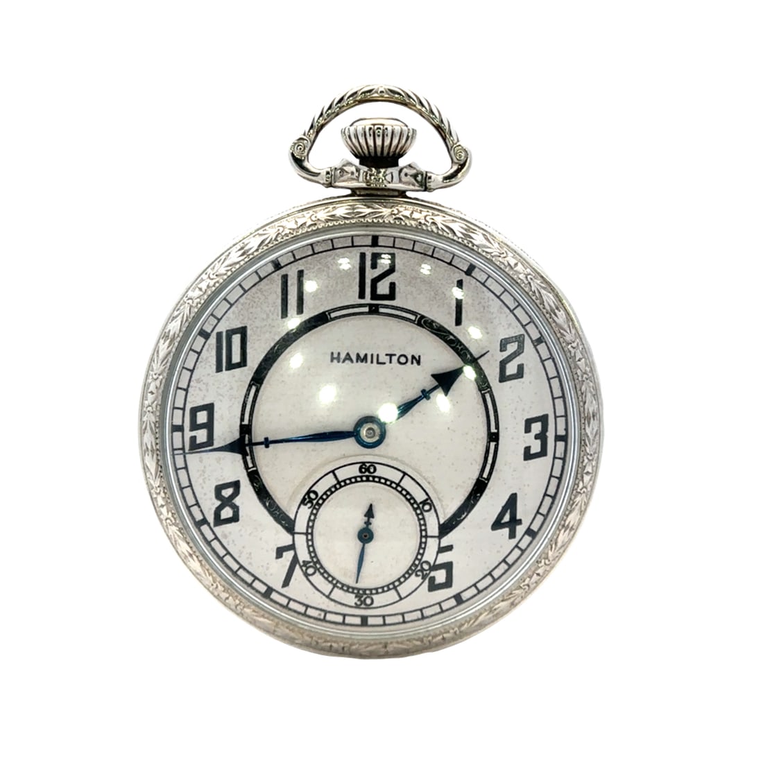 14K Gold Filled Art Deco Hamilton Pocket Watch: 14k gold filled Art Deco Hamilton pocket watch, 44 mm case, Runs, but may have damage on case, Sold as is