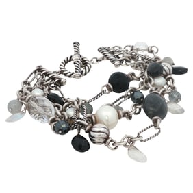 David Yurman Multi Strand Quartz, Onyx and Pearl Bracelet in Sterling Silver