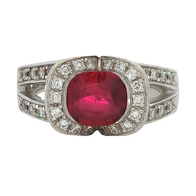 "Pigeon Blood" Red Ruby and Diamond French Made Ring in Platinum