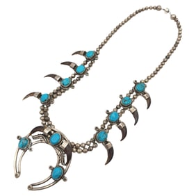 Circa 1970s Native American Turquoise Squash Blossom Necklace with Horn in Sterling Silver