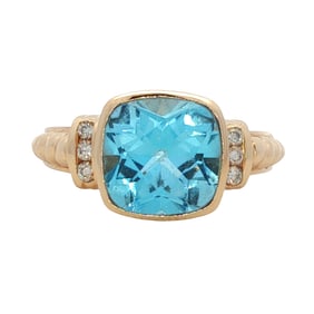 Circa 1990s Jude Frances Sky Blue Topaz and Diamond 14K Yellow Gold Ring