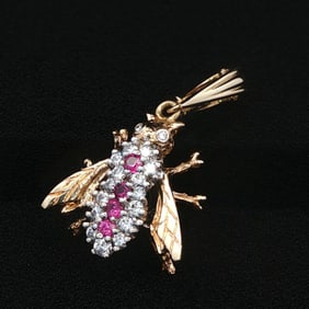 Circa 1980s Bee Pendant with Diamonds and Rubies in 14K Gold