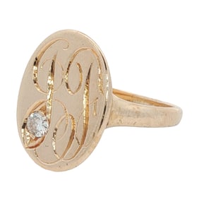 Solitaire Diamond Oval Signet Ring in 14K Yellow Gold