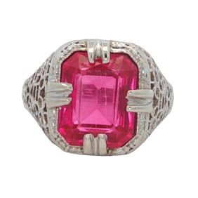 Vintage Pink Stone Filigree Ring in 14K White Gold